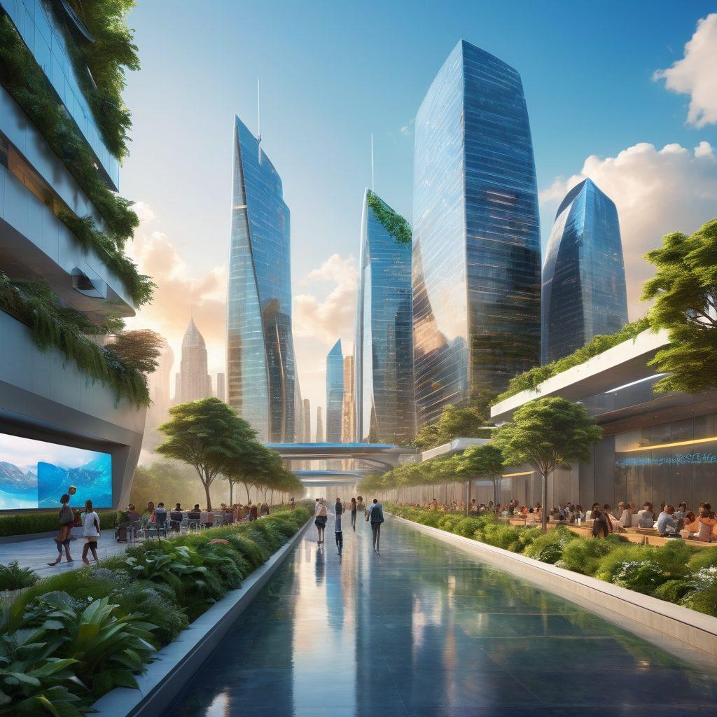 A futuristic cityscape with diverse people engaged in online activities related to insurance. Visual elements like floating digital screens displaying affordable insurance options, smooth pathways leading to various virtual insurance hubs, and a warm, inviting atmosphere. The skyline is dotted with tech-inspired architecture and greenery, symbolizing a harmonious blend of technology and nature. Bright, clear skies adding a hopeful touch. super-realistic. vibrant colors. 3D.