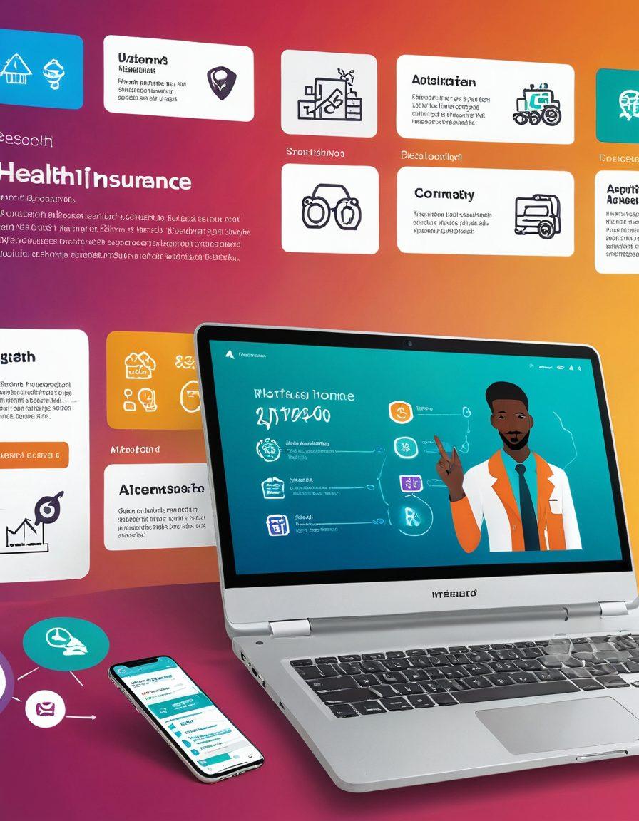 A visually engaging toolkit laid out on a sleek digital interface, showcasing various insurance options with colorful icons representing health, car, home, and travel insurance. Include a diverse group of people discussing these options, with a laptop displaying comparison charts in the background. Bright and inviting colors with a modern design that encourages exploration. super-realistic. vibrant colors. 3D.