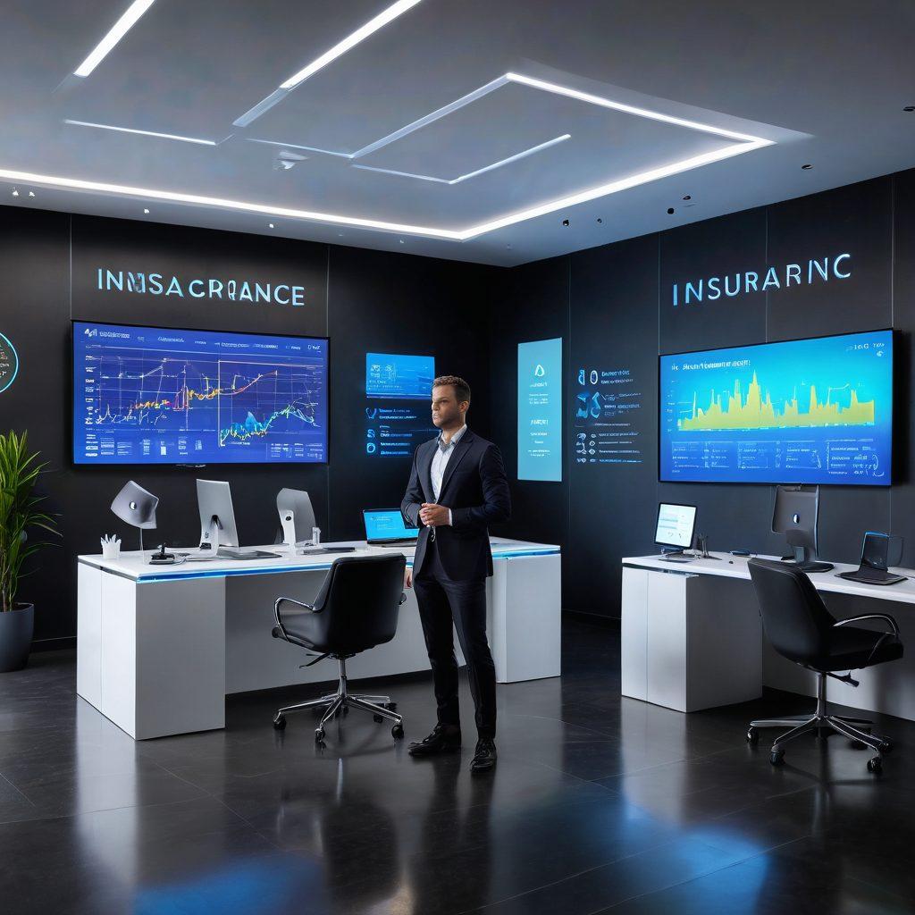 A futuristic financial advisor interacting with clients in a sleek, high-tech office, displaying customized insurance policy options on holographic screens. The clients, a diverse group of individuals and families, are engaged and curious, surrounded by symbols of financial growth such as graphs and coins. Bright, optimistic colors convey a sense of security and innovation in financial planning. super-realistic. vibrant colors. modern design.
